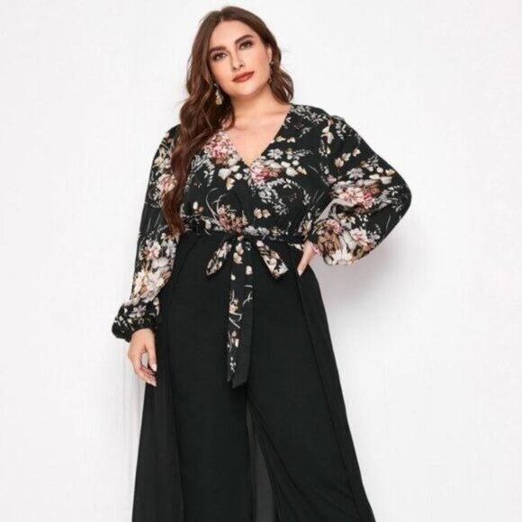 NEW Plus Floral Print Lantern Sleeve Wide Leg Jumpsuit With Skirt Women's Size 2 - Picture 9 of 13